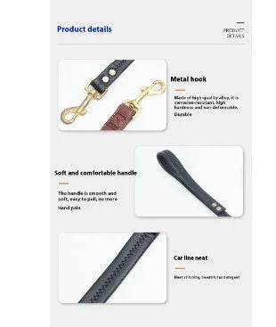 Roran black PU leather dog lead with metal clip attached to a dog collar.