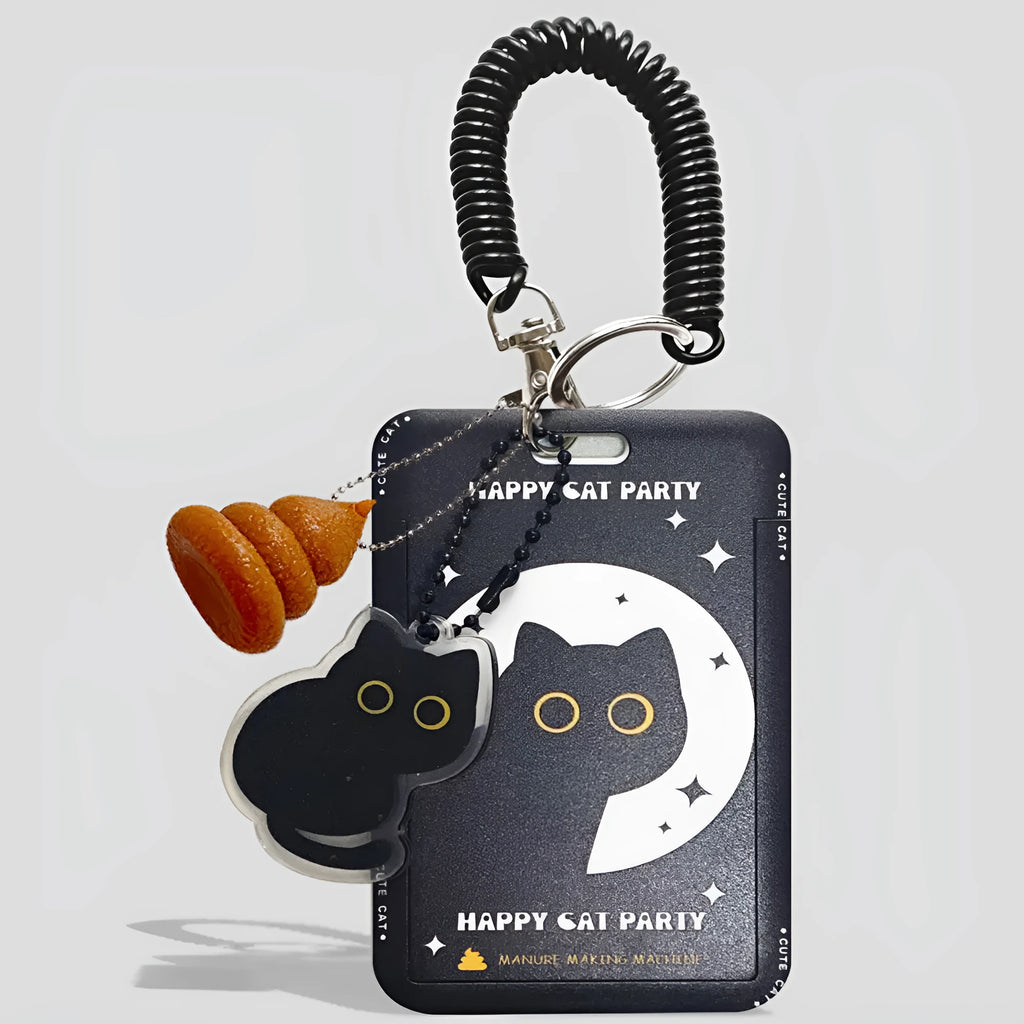 Cute little black cat cartoon design plastic card holder with ferrule pendant.