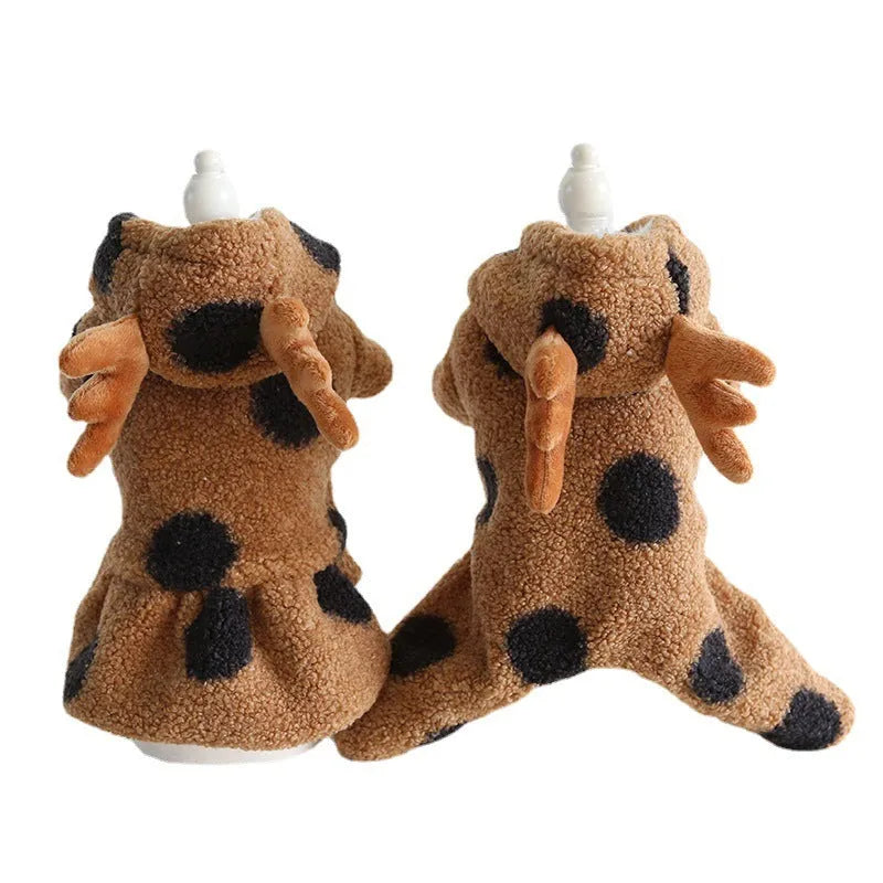 Polka dot pattern pet clothing with elk couple motif in four-legs or skirt style options