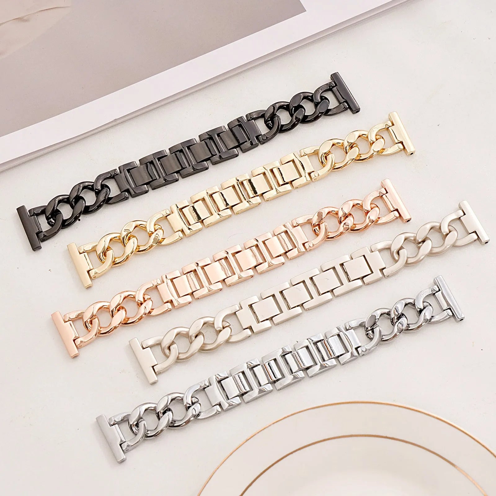 Metallic denim chain watch strap for Apple Watch in silver, black, gold, rose gold and Starlight colour options