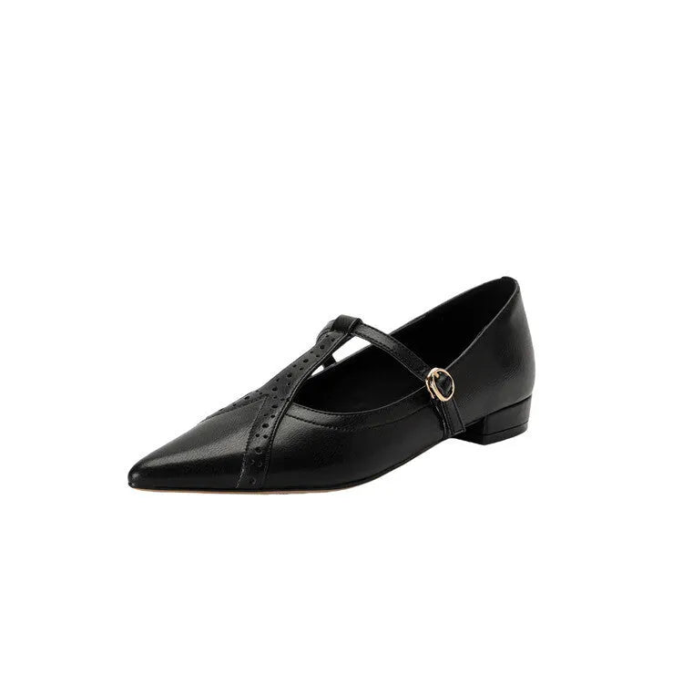 Women's brown pointed toe low-cut flat shoes with cowhide upper and soft sole