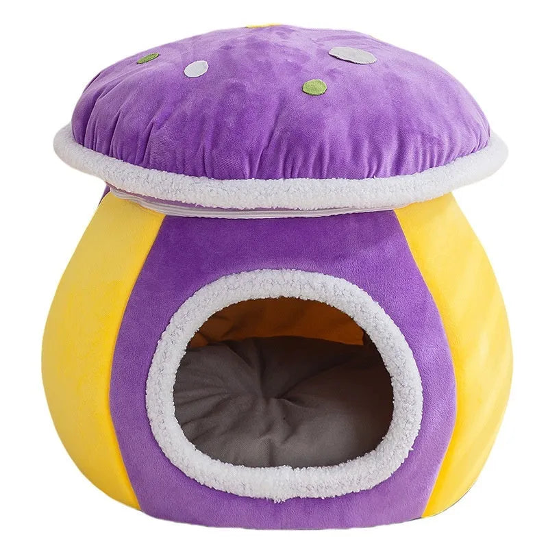 Mushroom-shaped cat nest in thick thermal plush rabbit fur with detachable design