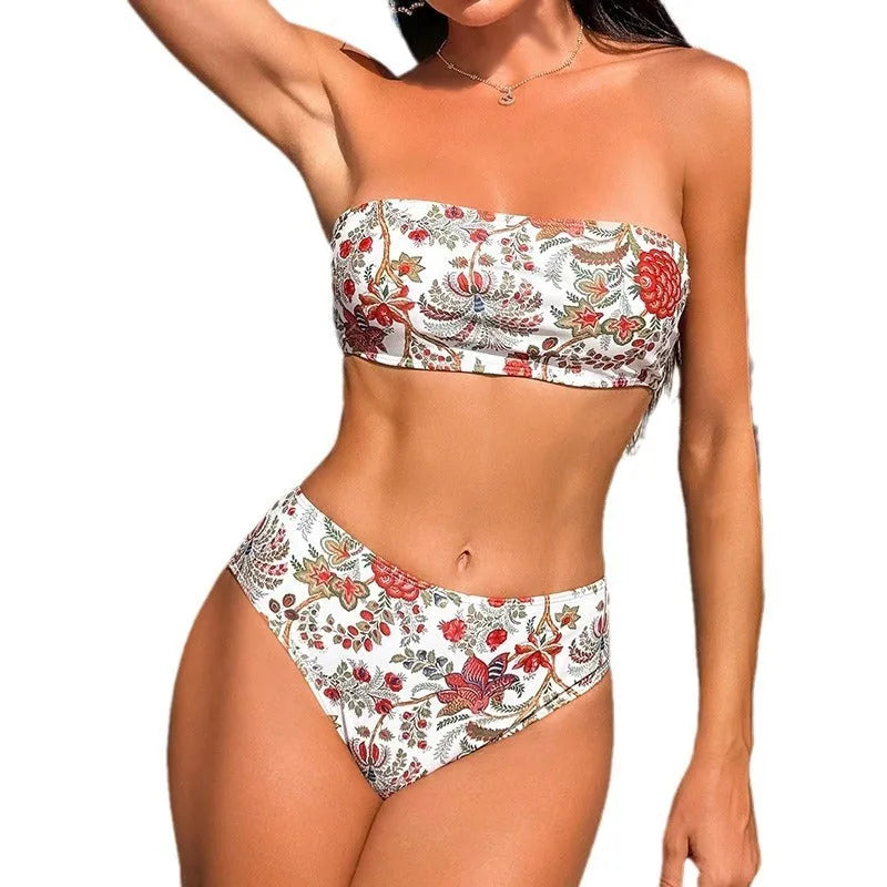 Women's printed bandeau swimsuit with triangle top and matching shorts on mannequin