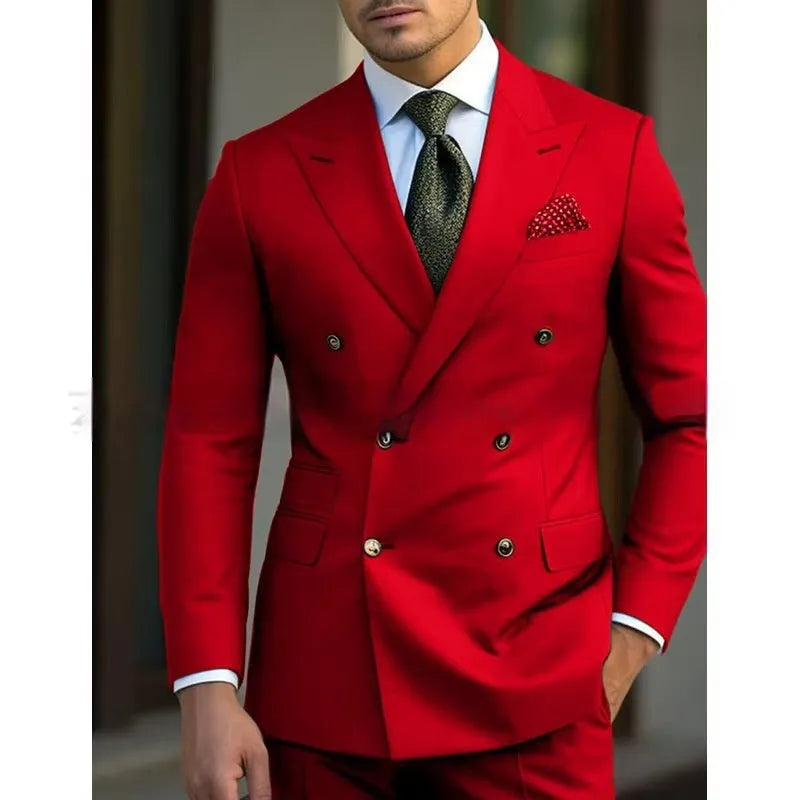 Men's brown two-piece cotton blend suit set with coat and trousers on a hanger.