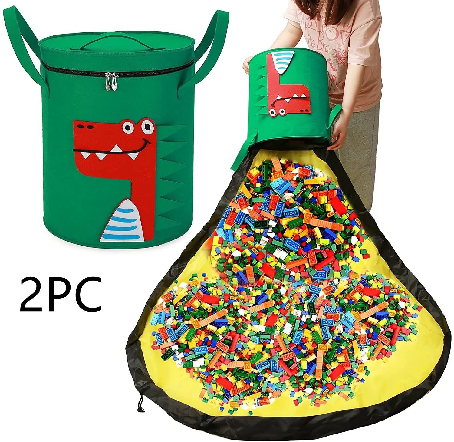 Green felt cube storage bag with pull rope laid flat as play mat for toy organisation