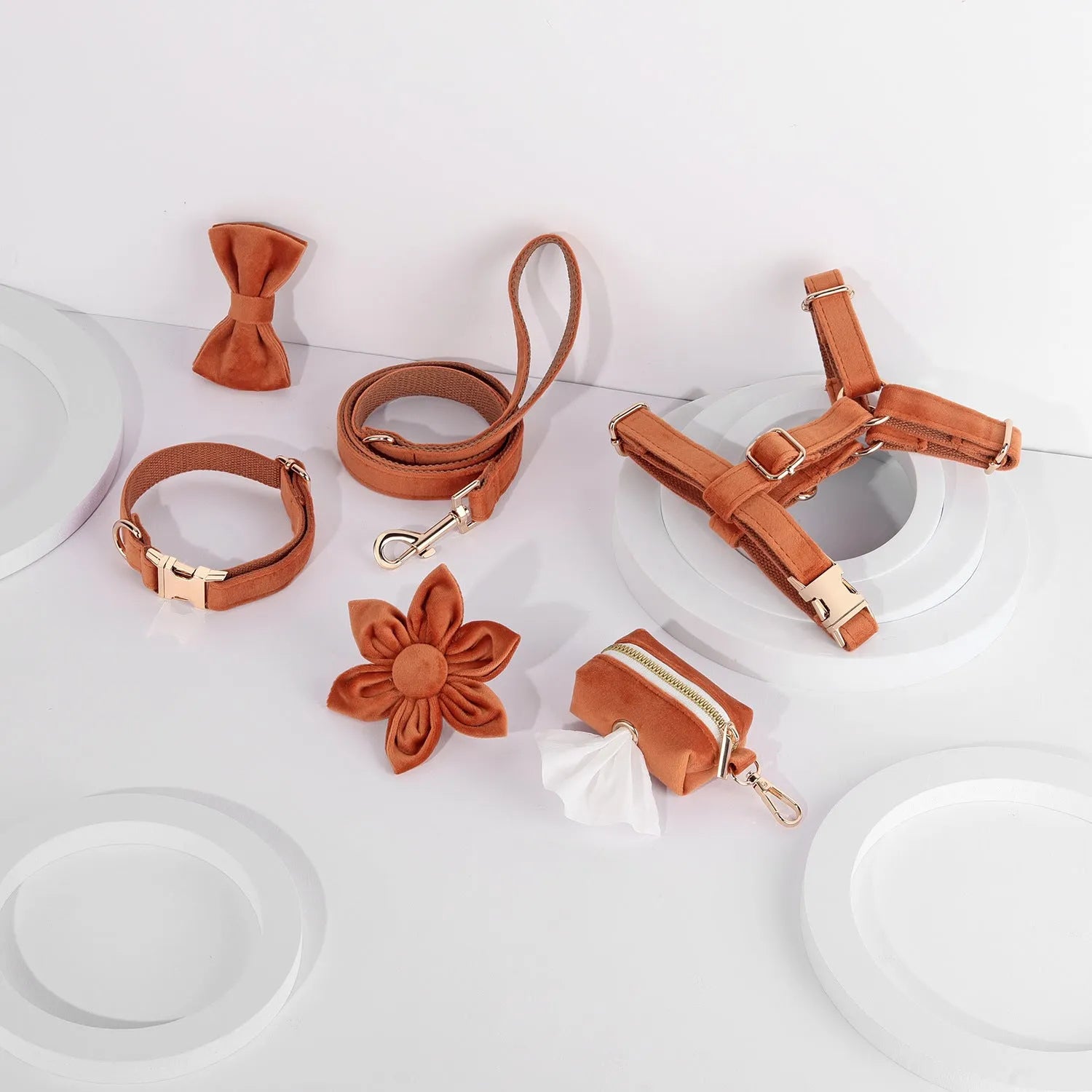 Pet collar and harness set with velvet material, traction rope, chest strap, bow tie, flower accessory, and toilet bag