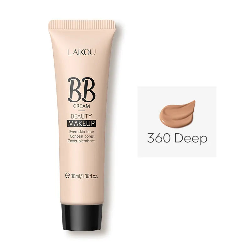 BB cream tube in 30ml size showing nine colour shades from light ivory to deep brown