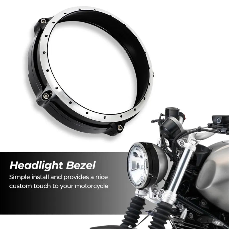 Black CNC aluminium headlight protective frame for a BMW R Nine T Scrambler motorcycle.