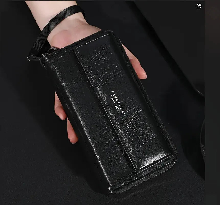 Men's black PU leather long wallet with multiple card slots showing 19 cm length