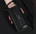 Men's black PU leather long wallet with multiple card slots showing 19 cm length
