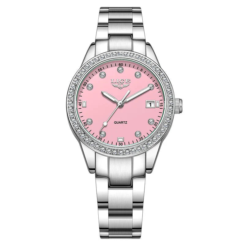 Women's silver fashion quartz watch with diamond bezel, luminous hands on a coloured dial, showing side profile with spiral crown.