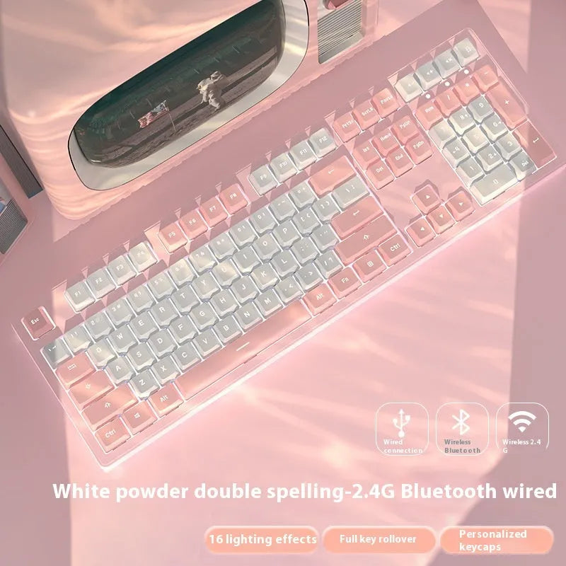 Wireless Bluetooth mechanical keyboard showing three connectivity modes with 87-key and 108-key layout options