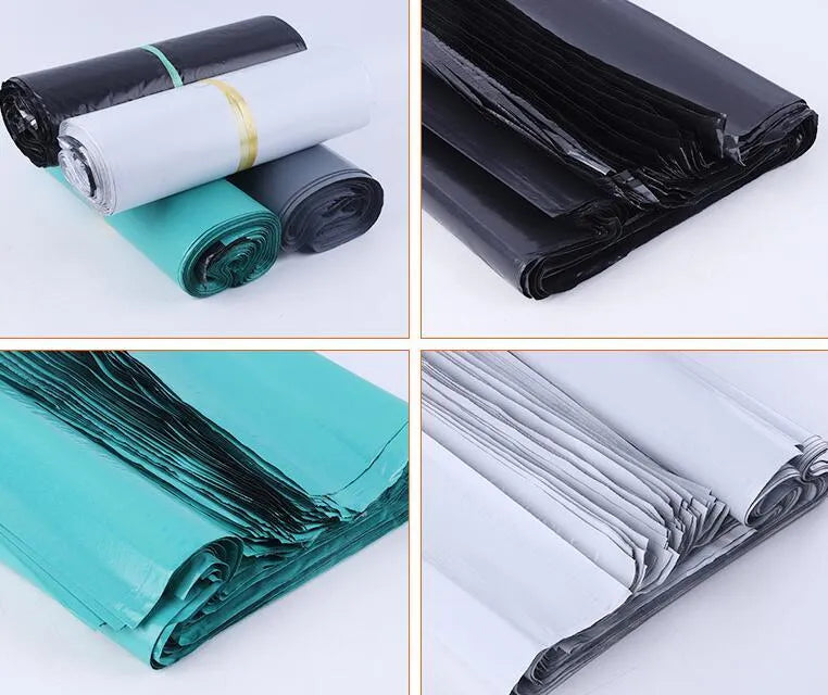 Bundle of 100 clear PE plastic courier bags with adhesive seals in various sizes on a white background.