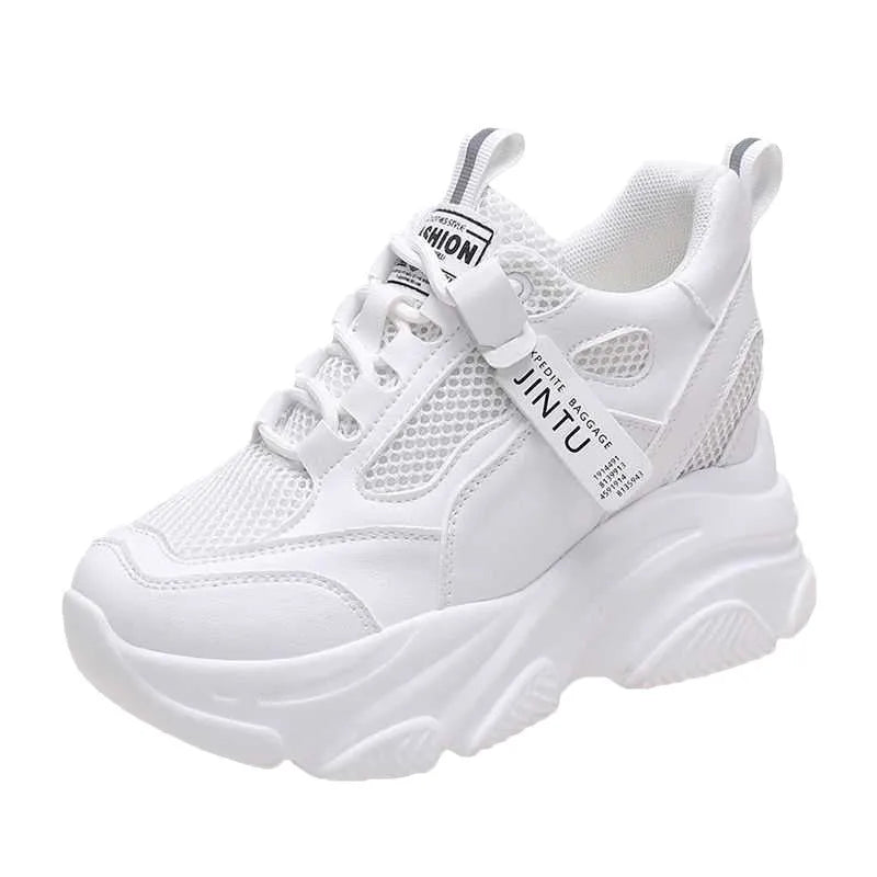 Women's black mesh platform casual shoe with a fleece lining and TPR sole.
