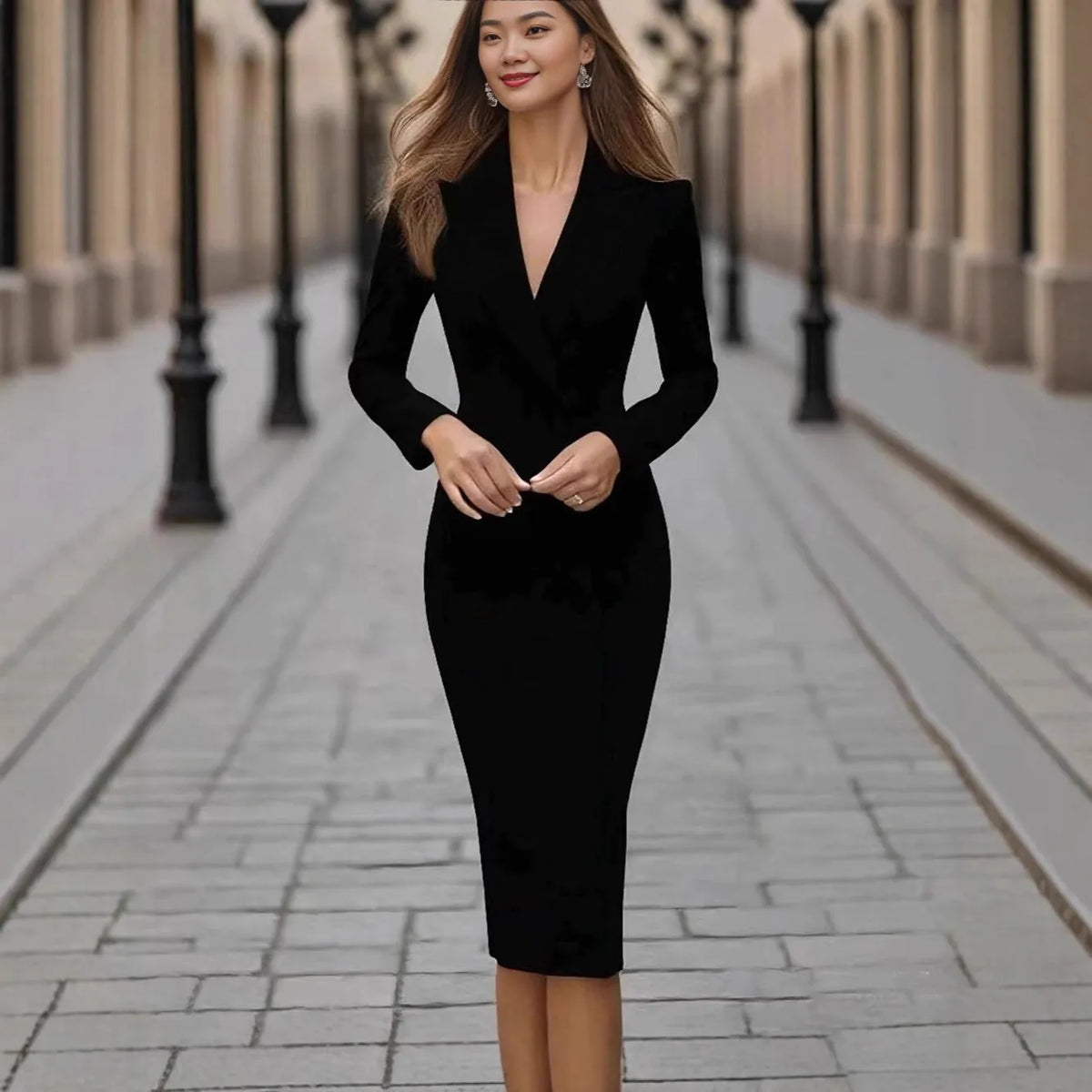Single-breasted long sleeve coat dress with high waist in polyester fabric
