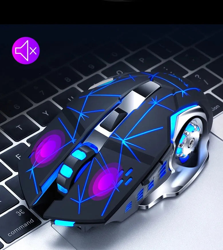 Black and white wireless computer mouse with six buttons and scroll wheel