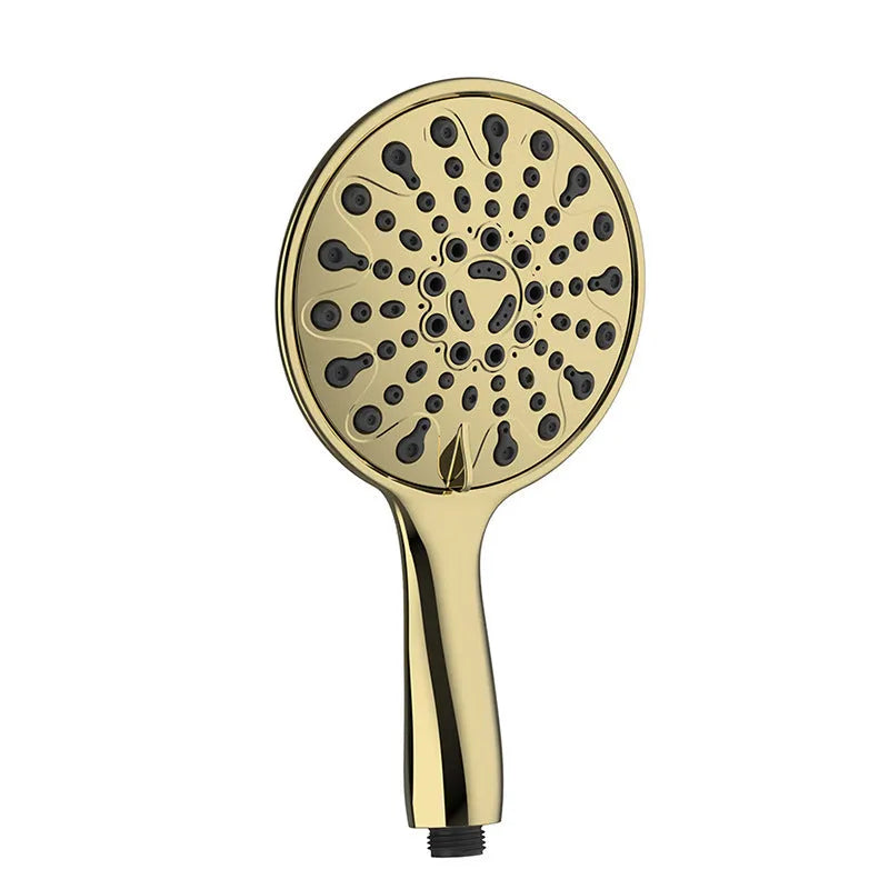 Six-inch diameter handheld shower head with an electroplated chrome finish, showing multiple spray face settings.