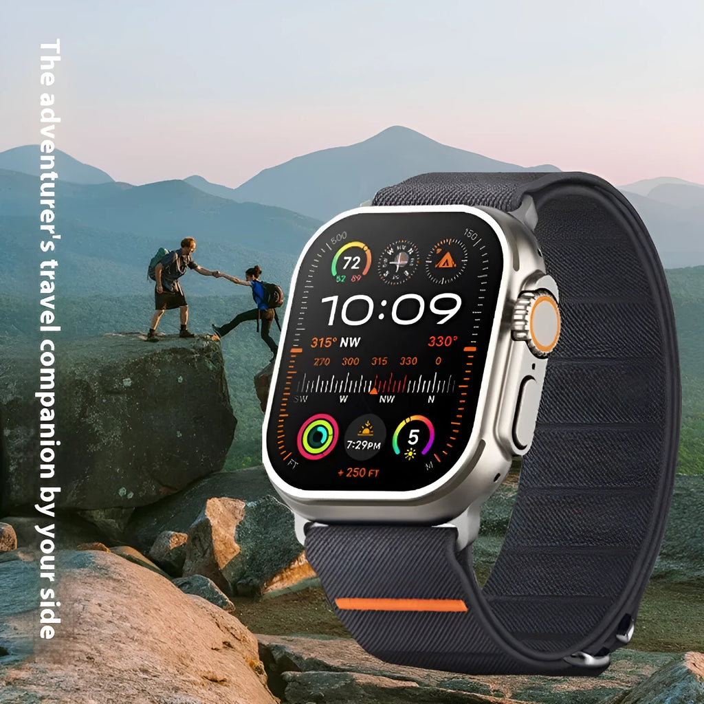 Elastic nylon Apple Watch compatible band with stainless steel buckle shown in multiple colour options