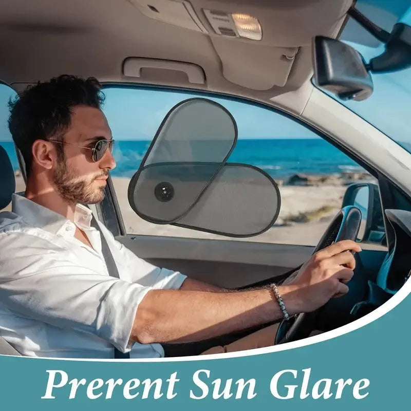 Black adjustable car window shade with suction cups stretched across vehicle side window