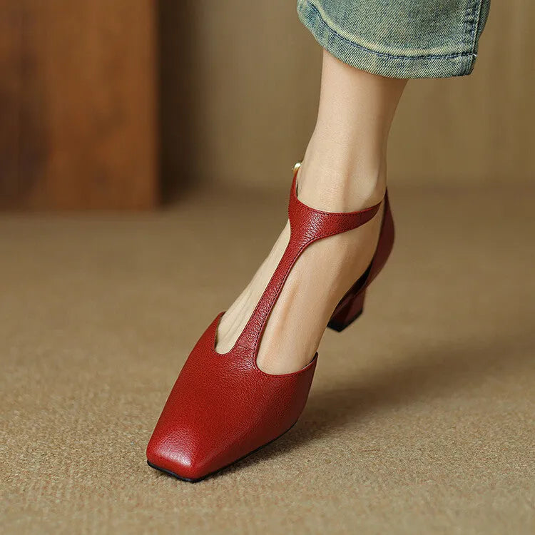 Wine red women's square toe chunky heel shoes with a buckle closure, made from sheepskin leather.
