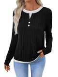Women's fake two-piece round neck button pullover sweater in concave stripe polyester fabric