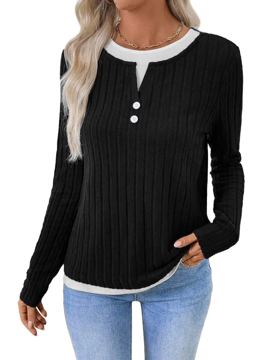 Women's fake two-piece round neck button pullover sweater in concave stripe polyester fabric