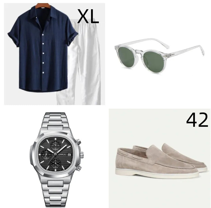 Casual cotton linen beachwear short sleeve suit in navy blue with half sleeves and full-length trousers