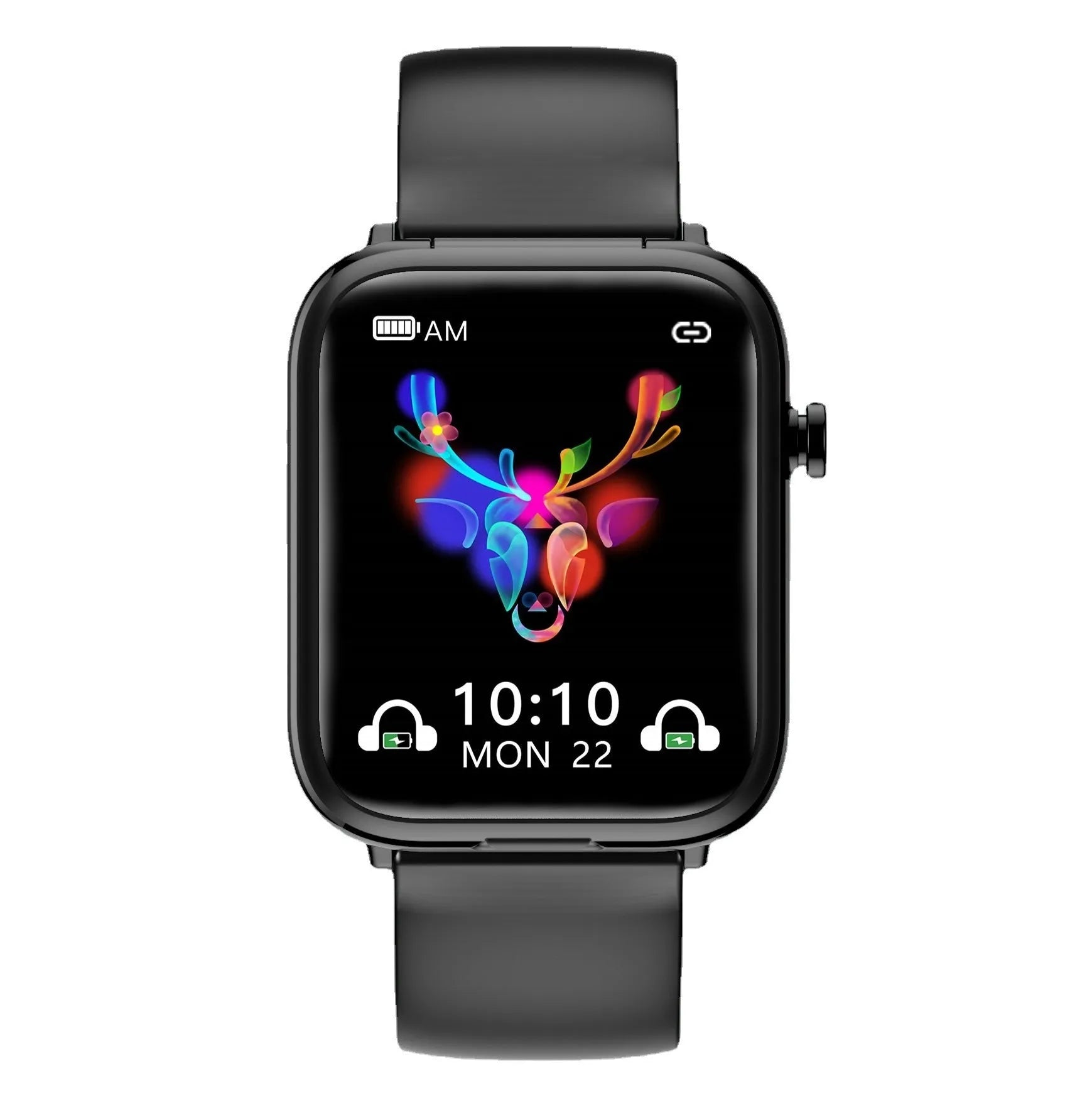Black zinc alloy smartwatch with 1.69-inch touch screen and magnetic charging case for Bluetooth earbuds.
