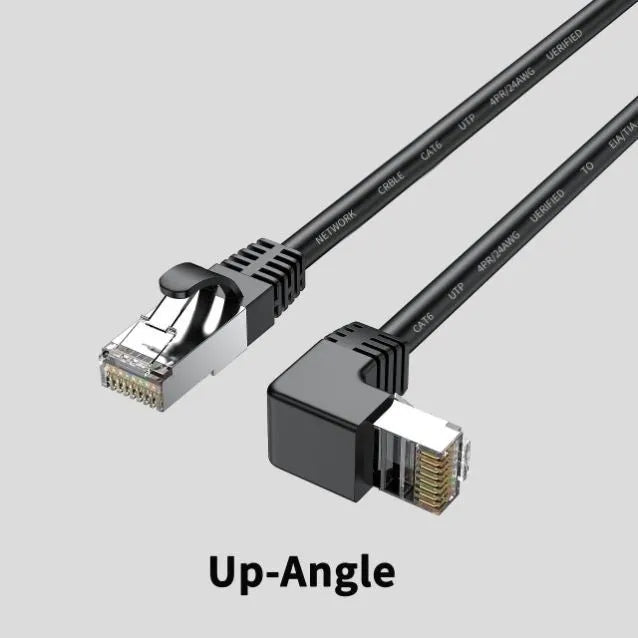 Cat6 Ethernet cable with right-angle metal RJ45 connector in black, shown alongside length and colour options.