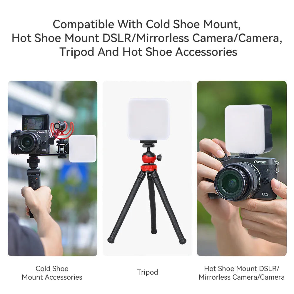 Square-shaped portable camera flash unit with adjustable head on mini tripod mount