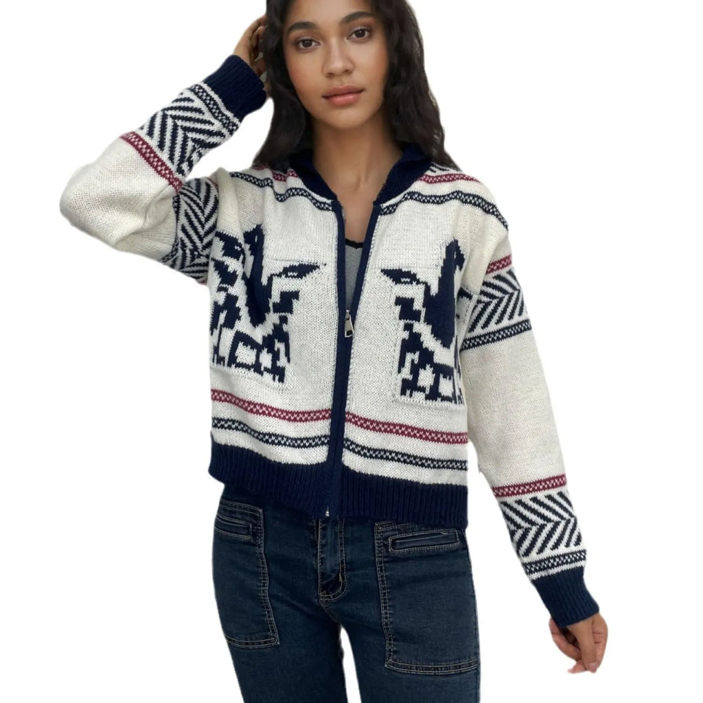 White women's cardigan with contrast stripe pattern, lapel collar, and a full-length front zipper.