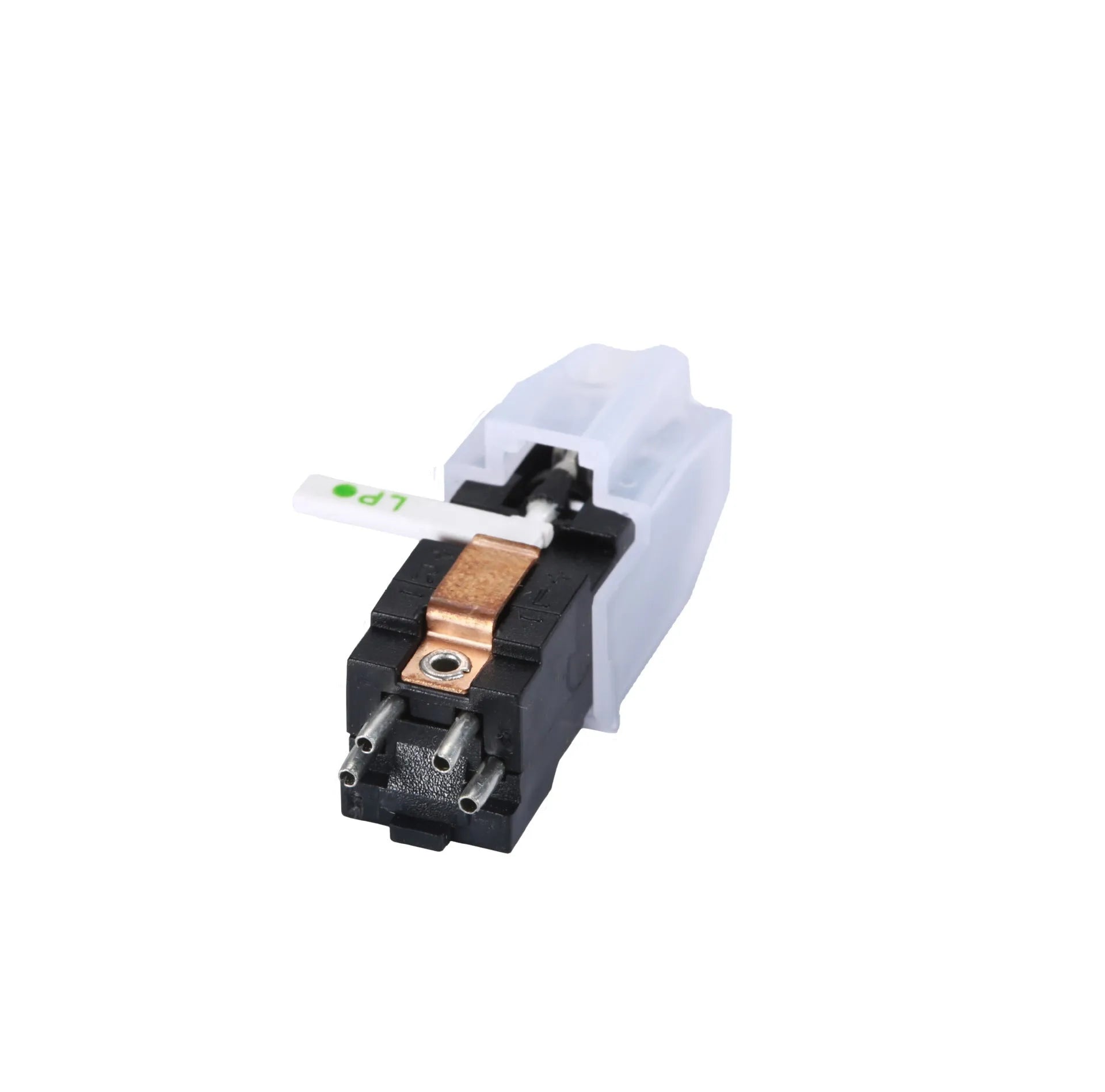 Double needle magnetic record player cartridge with black ABS shell.