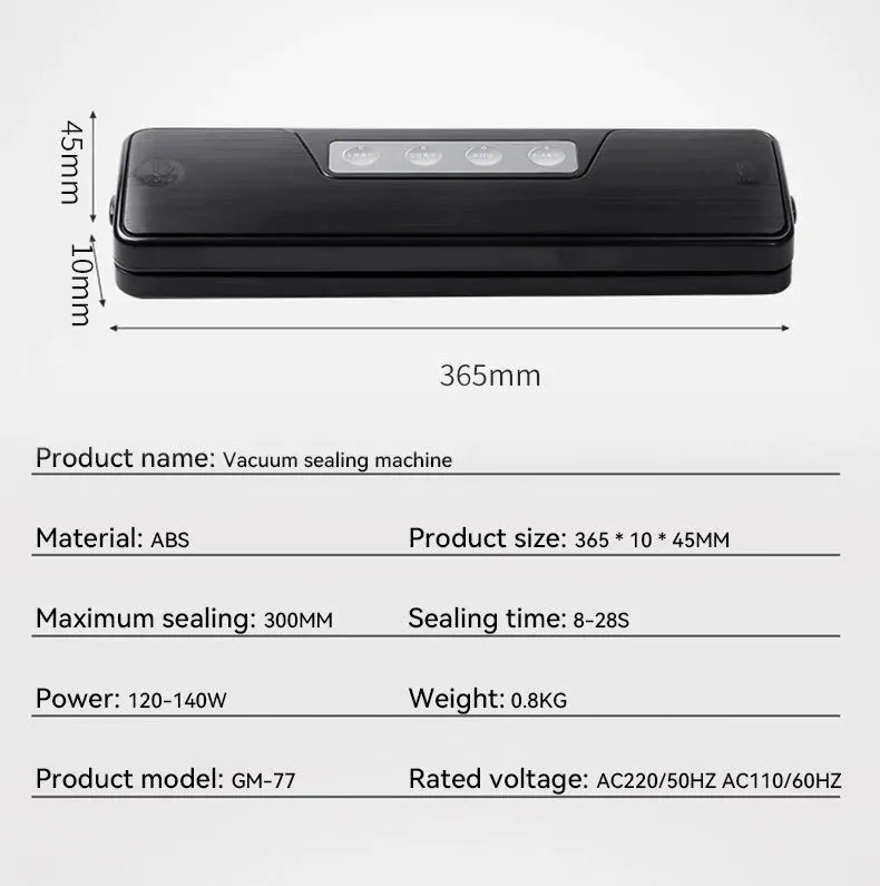 Compact black automatic vacuum sealer machine for household food preservation and document protection