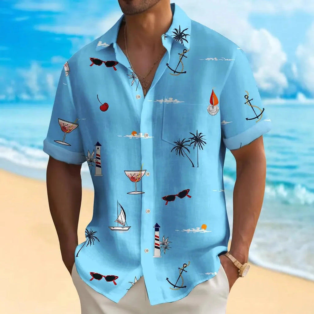 Men's loose fit Hawaiian shirt with colourful digital print pattern and short sleeves.