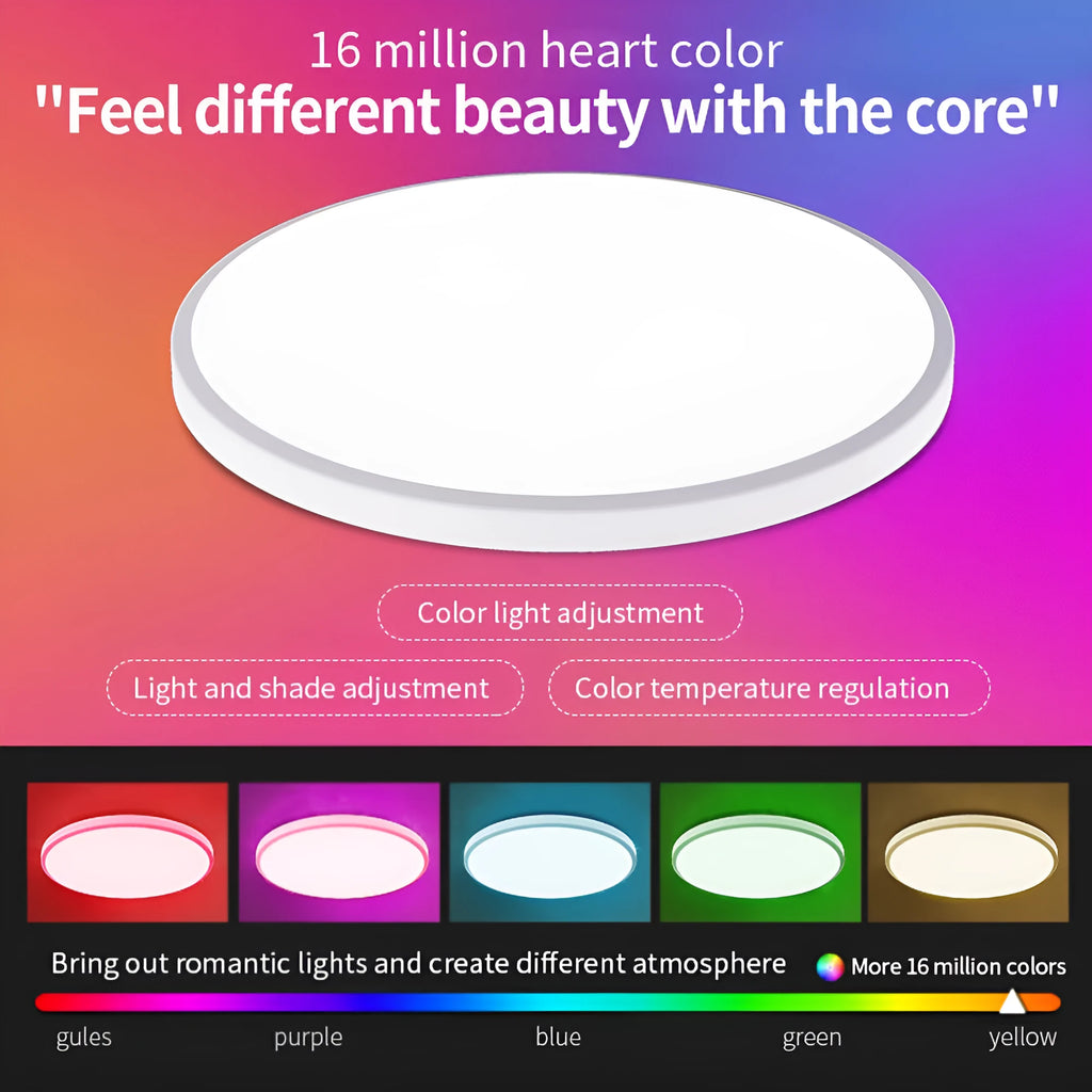 Circular black intelligent ceiling lamp with RGBCW LEDs, showing colour change and dimming via mobile APP.