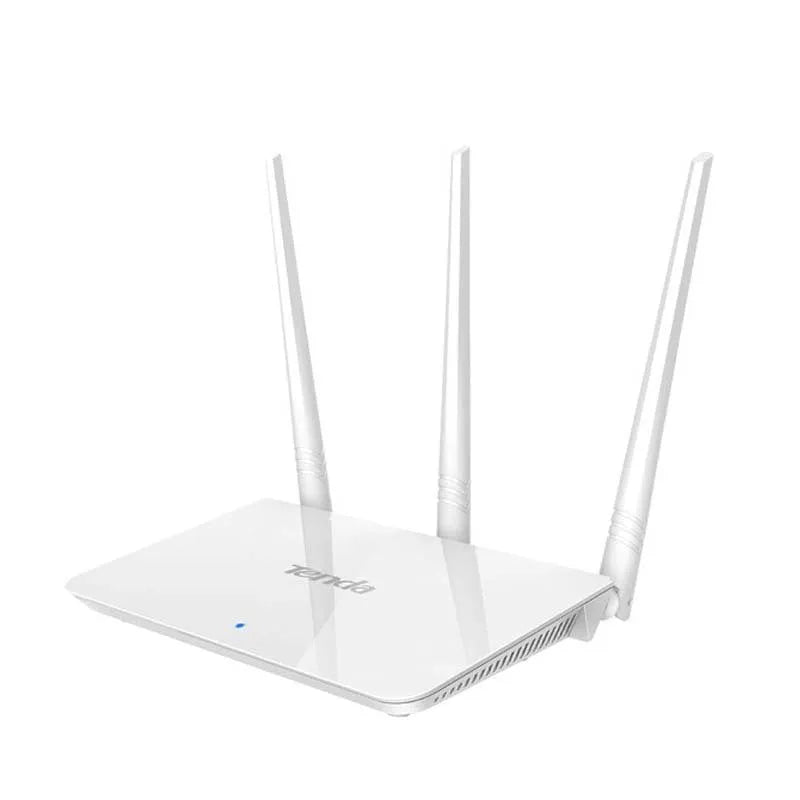White dual-band wireless router with US-style design supporting 2.4GHz and 5GHz frequencies