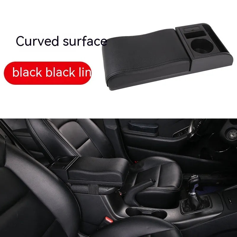Universal plastic car armrest cover shown in black with red cord pattern on a car centre console.