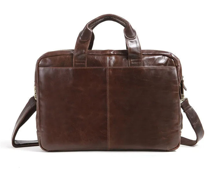 Brown leather men's business briefcase with 18-inch size and visible grain pattern