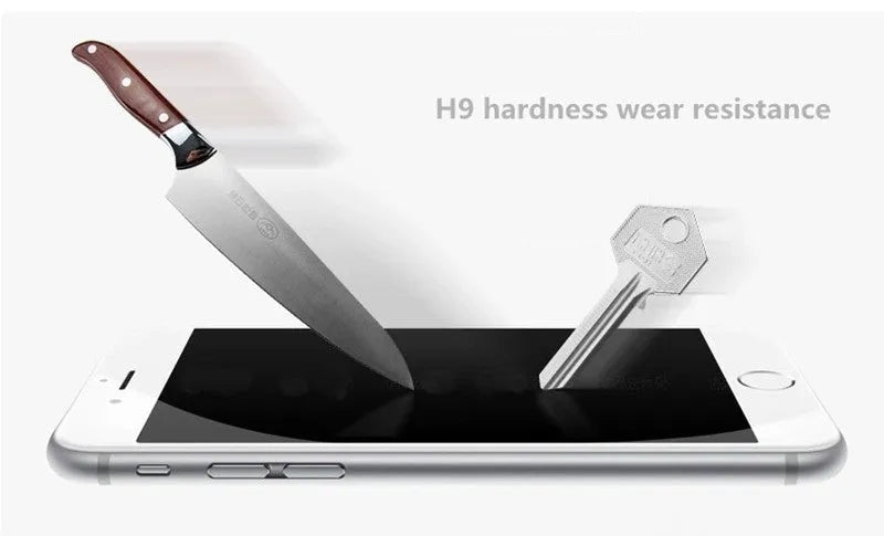 Tempered glass screen protector with 9H hardness for mobile phones on a clean background.