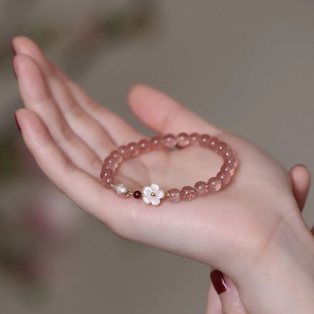 Pink strawberry quartz crystal bracelet with floral design and adjustable clasp for women