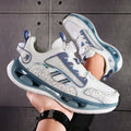 Men's low-top mesh sports shoes in beige orange, black, and white grey colour options with elastic band closure.