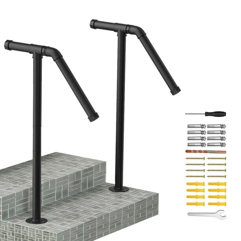 Black American-style minimalist metal ladder support bar for staircases.