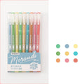 Set of nine retro-style solid-colour gel pens with 0.5mm needle tips for student notes.