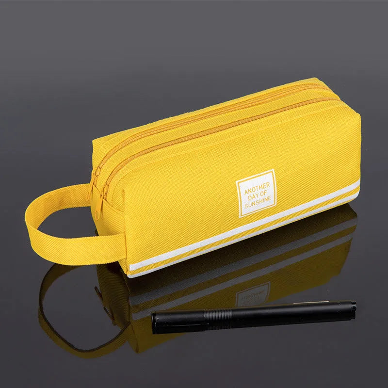 Double-layer Oxford cloth stationery box for junior high school students with double zipper, 63g, shown in Blue, Green, Grey, Pink and Yellow