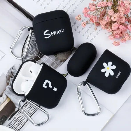 PC hard shell AirPods case cover with decorative pattern in black or pink colours