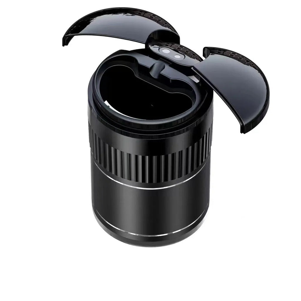 Black metal smart car ashtray with lid, showing compact 113mm size for cup holders.