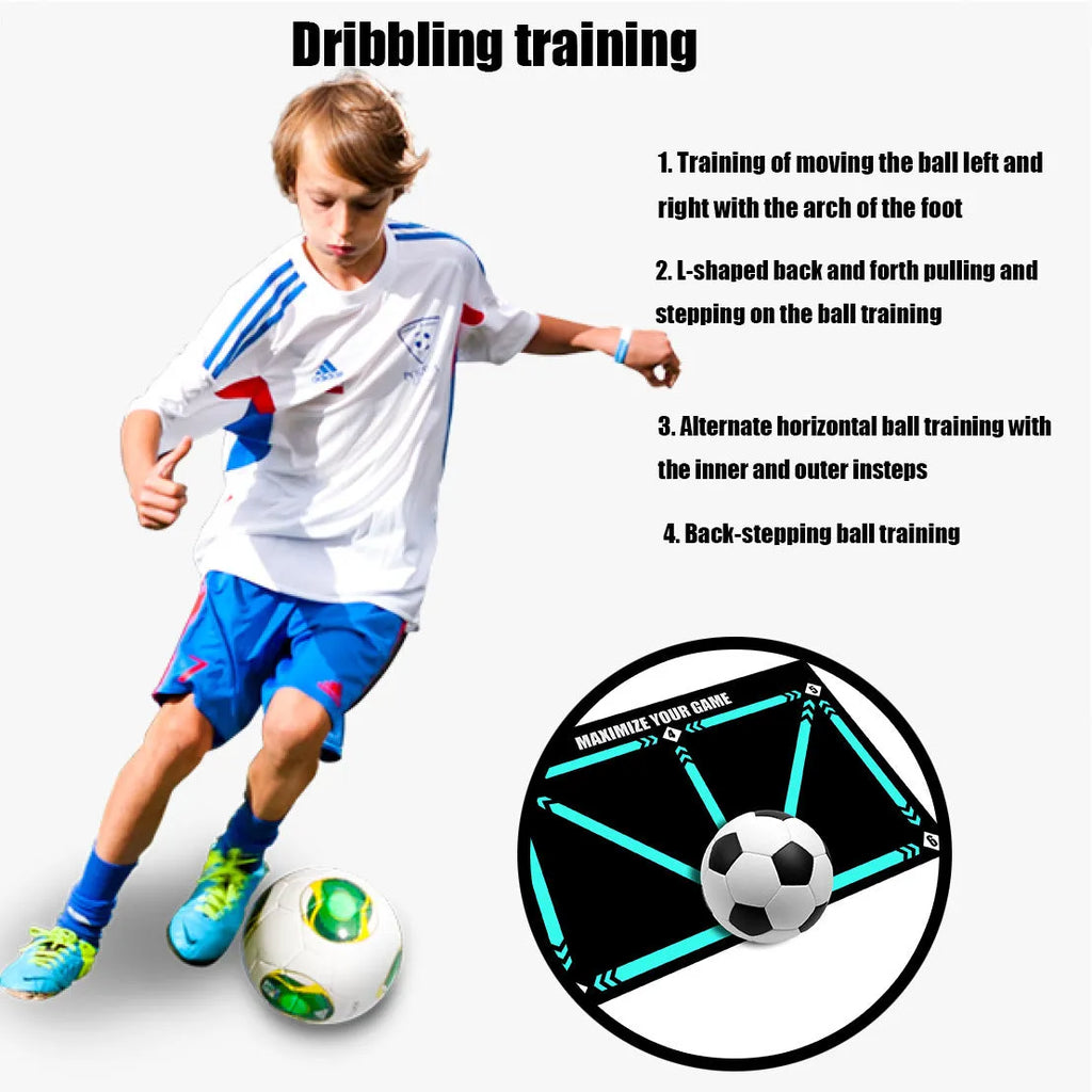 Black rectangular football training mat with non-slip surface measuring 60cm by 90cm