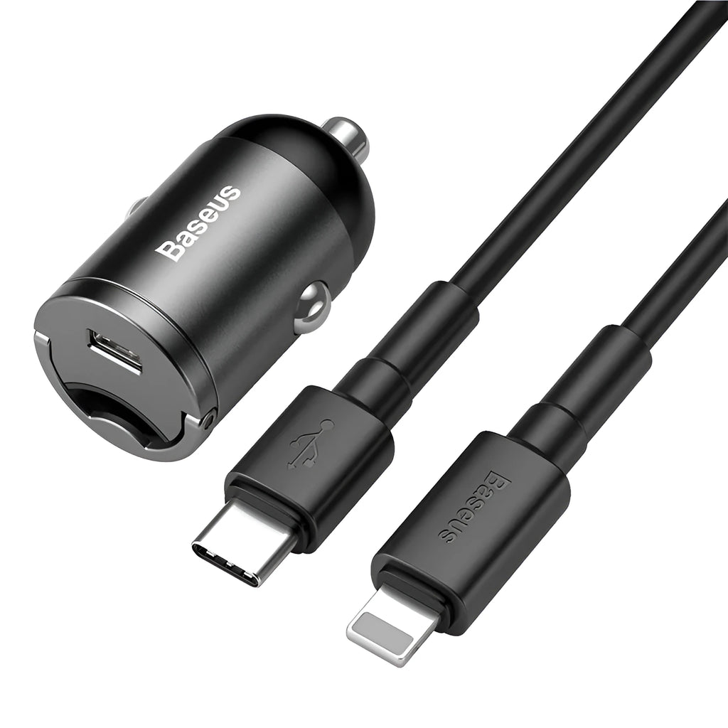 Baseus electro-optical grey 30W PPS car charger with 1 metre attached cable plugged into vehicle lighter socket