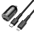 Baseus electro-optical grey 30W PPS car charger with 1 metre attached cable plugged into vehicle lighter socket