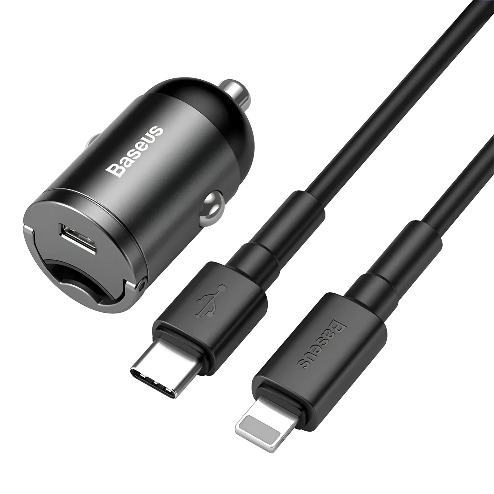 Baseus electro-optical grey 30W PPS car charger with 1 metre attached cable plugged into vehicle lighter socket